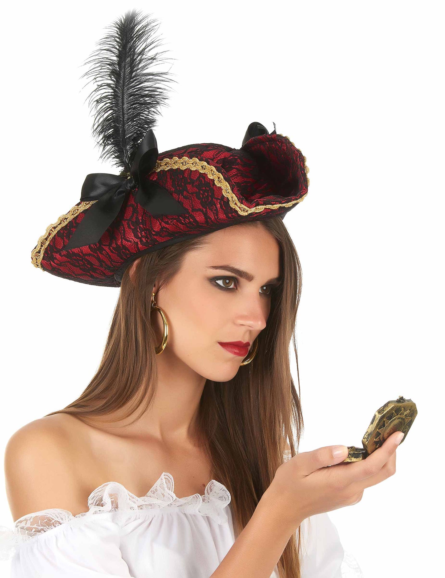 Červený pirátský klobouk s peřím pro dospělé