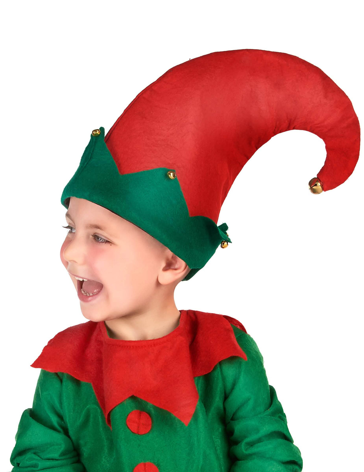 Čepice skřítka s rolničkami pro dítě červená a zelená
