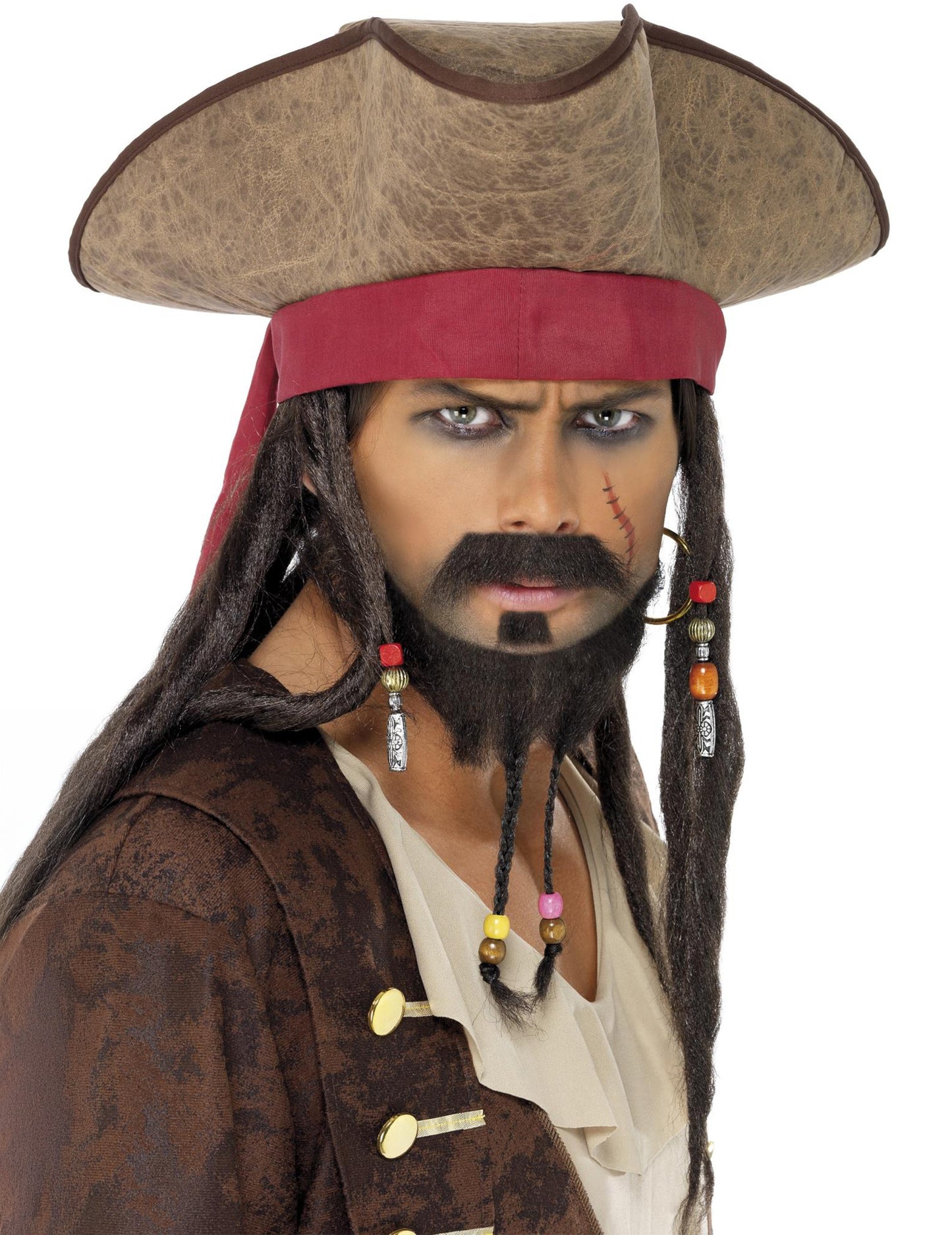 Hnědý pirátský klobouk pro muže s červenou šerpou