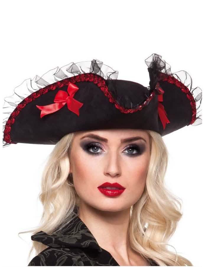 sexy pirátský klobouk pro ženu černá a červená s krajkou a mašlemi