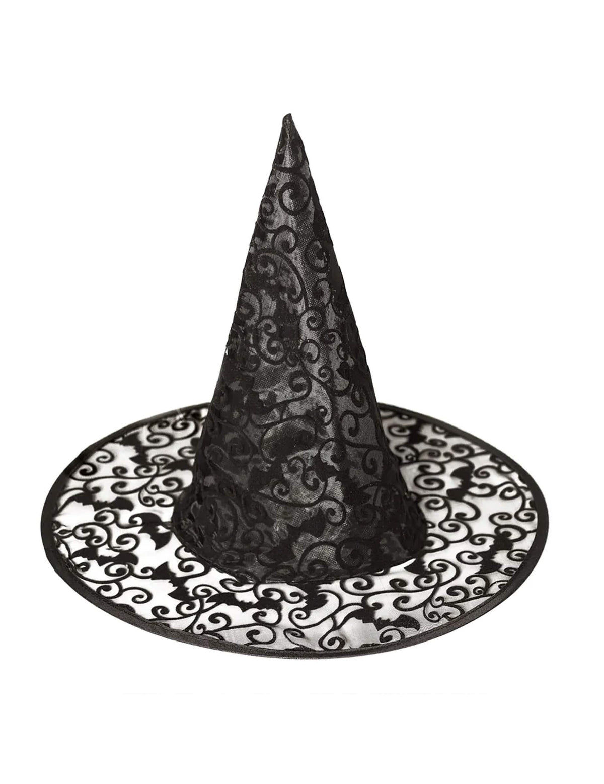 Detail motivů netopýrů z krajky na čarodějnickém klobouku halloween