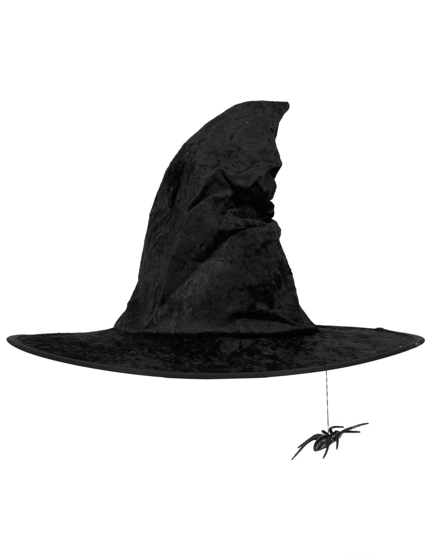 Pohled z boku na černý dámský čarodějnický klobouk s visící pavoukem