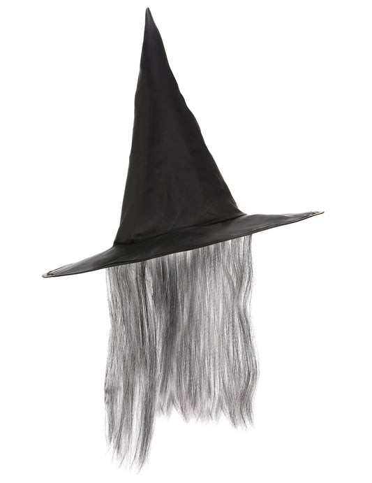 Černý čarodějnický klobouk s šedivými vlasy pro dospělé Halloween