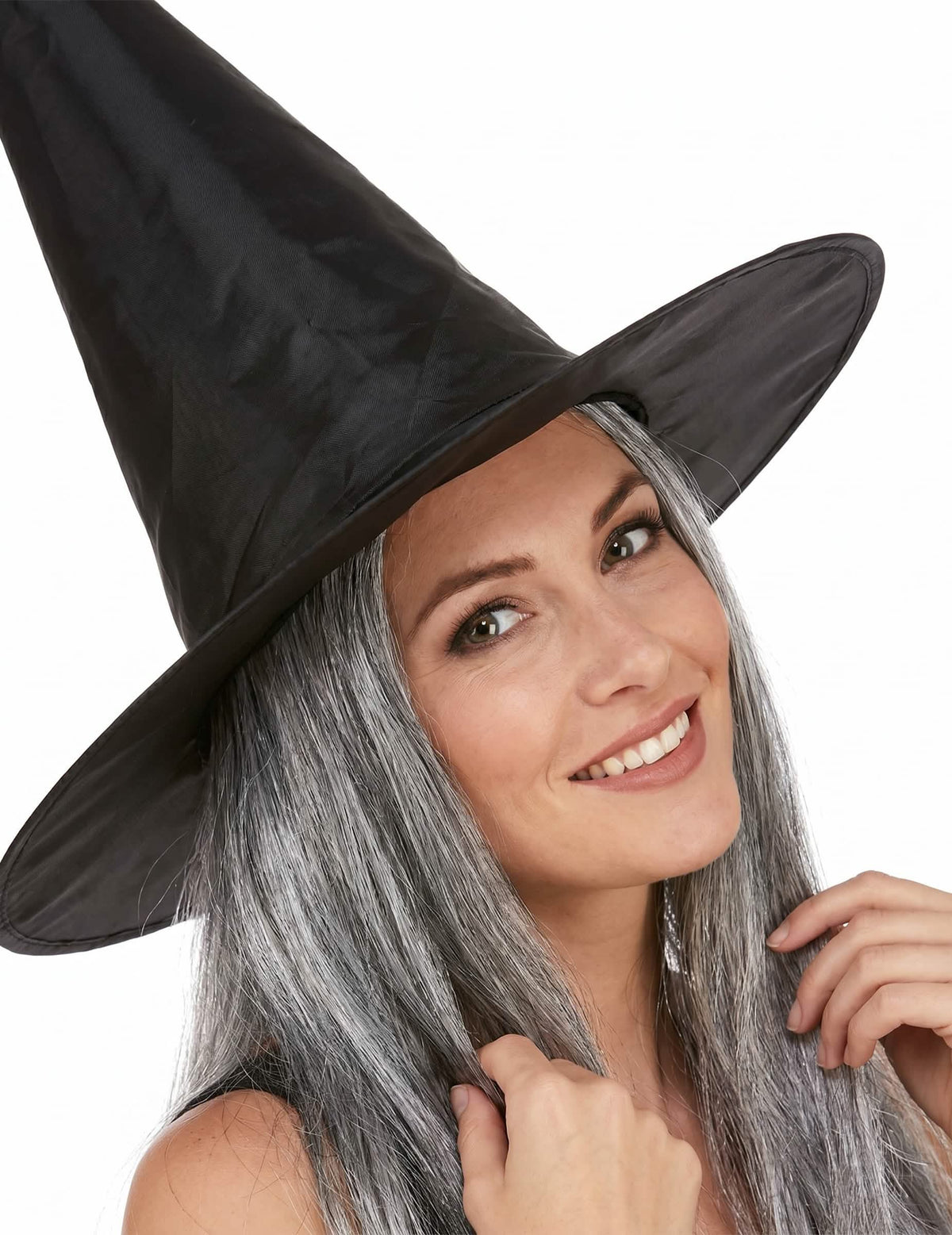 Černý čarodějnický klobouk s šedivými vlasy pro dospělé Halloween