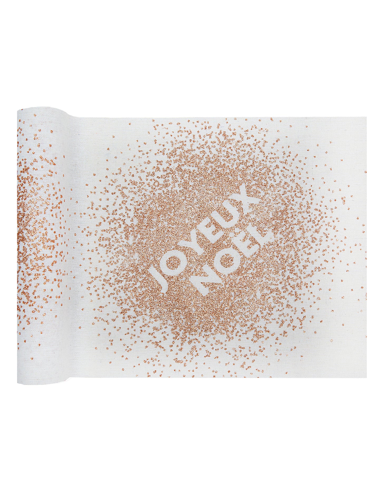 Veselé Vánoce bílý bavlněný běhoun na stůl s flitry z růžového zlata 3 m x 28 cm