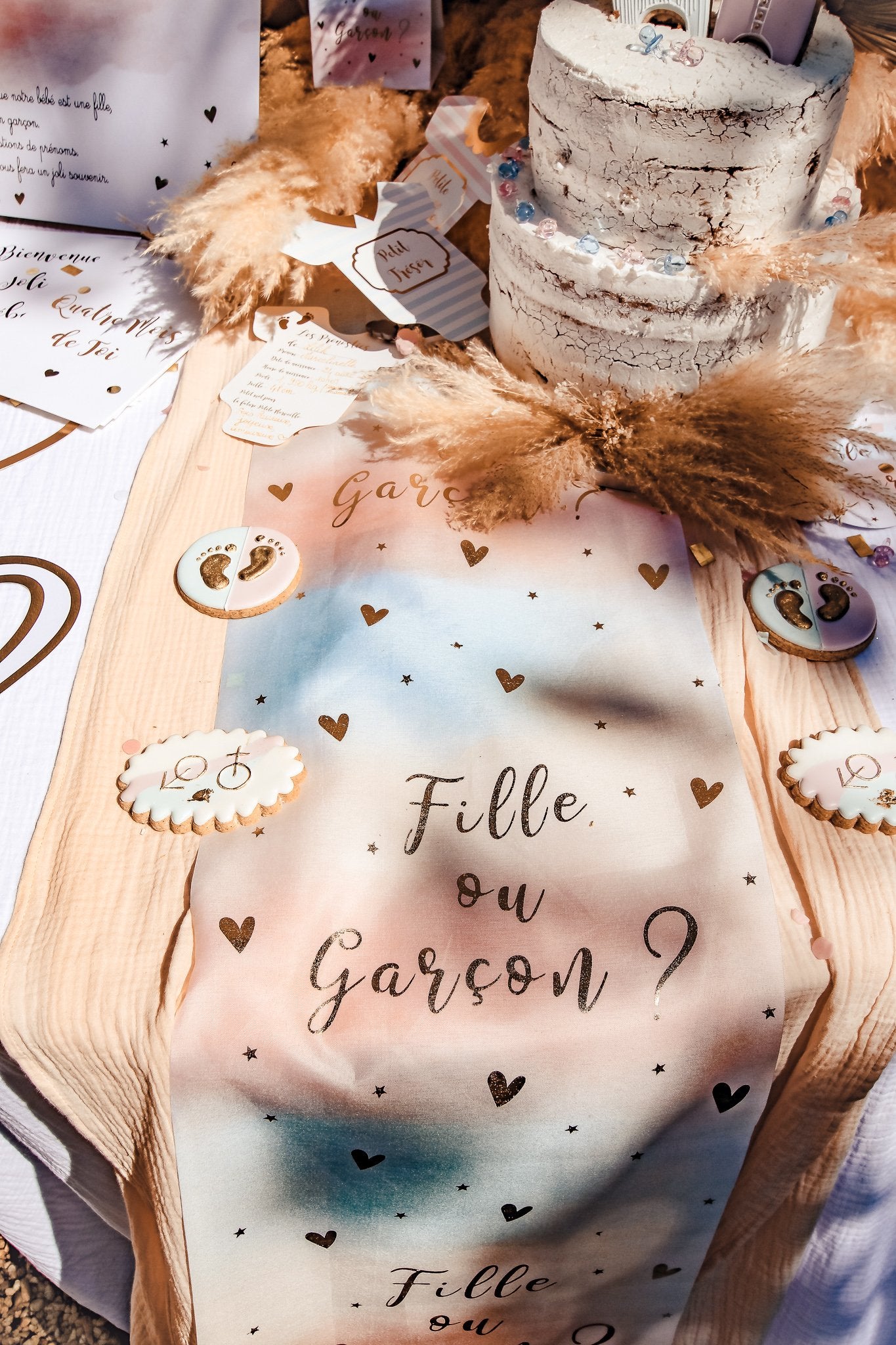 Běhoun na stůl z látky pro dívku nebo chlapce, růžová, modrá a zlatá 28 cm x 5m dětská sprcha