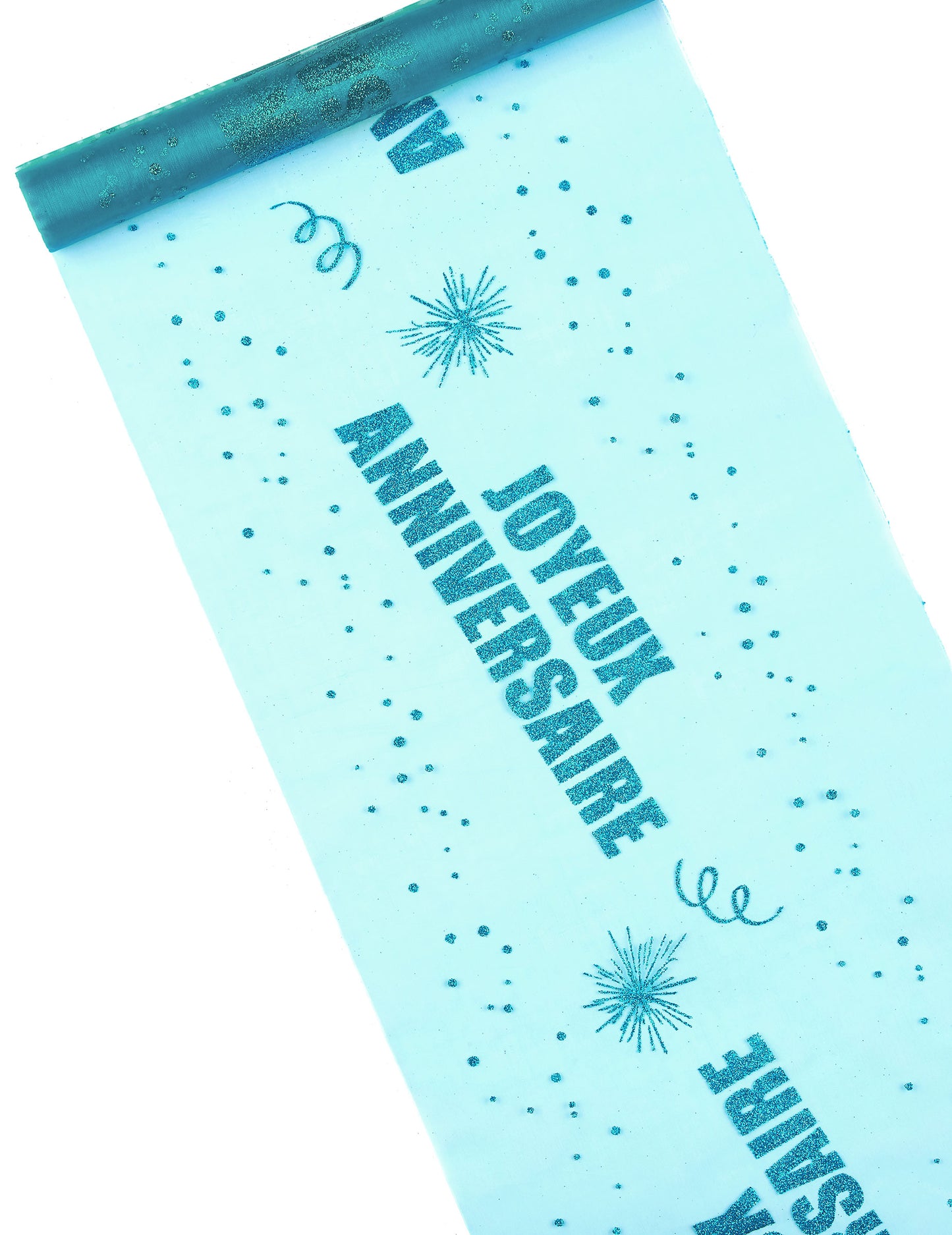 Organzový běhoun na stůl Všechno nejlepší k narozeninám tyrkysový 29 cm x 5 m