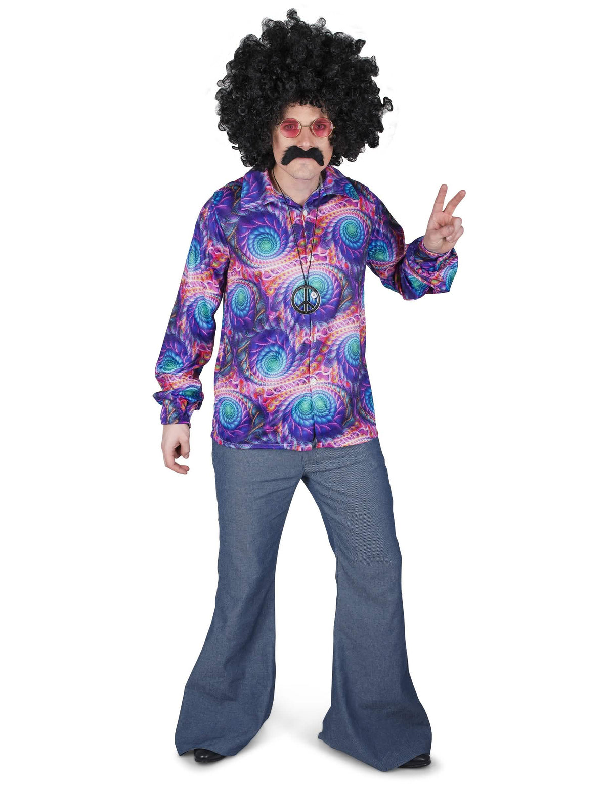 Přehled celého vzhledu s psychodelickou hippie košilí