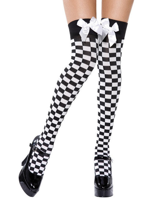 Dámské kostkované punčochy s bílou mašlí