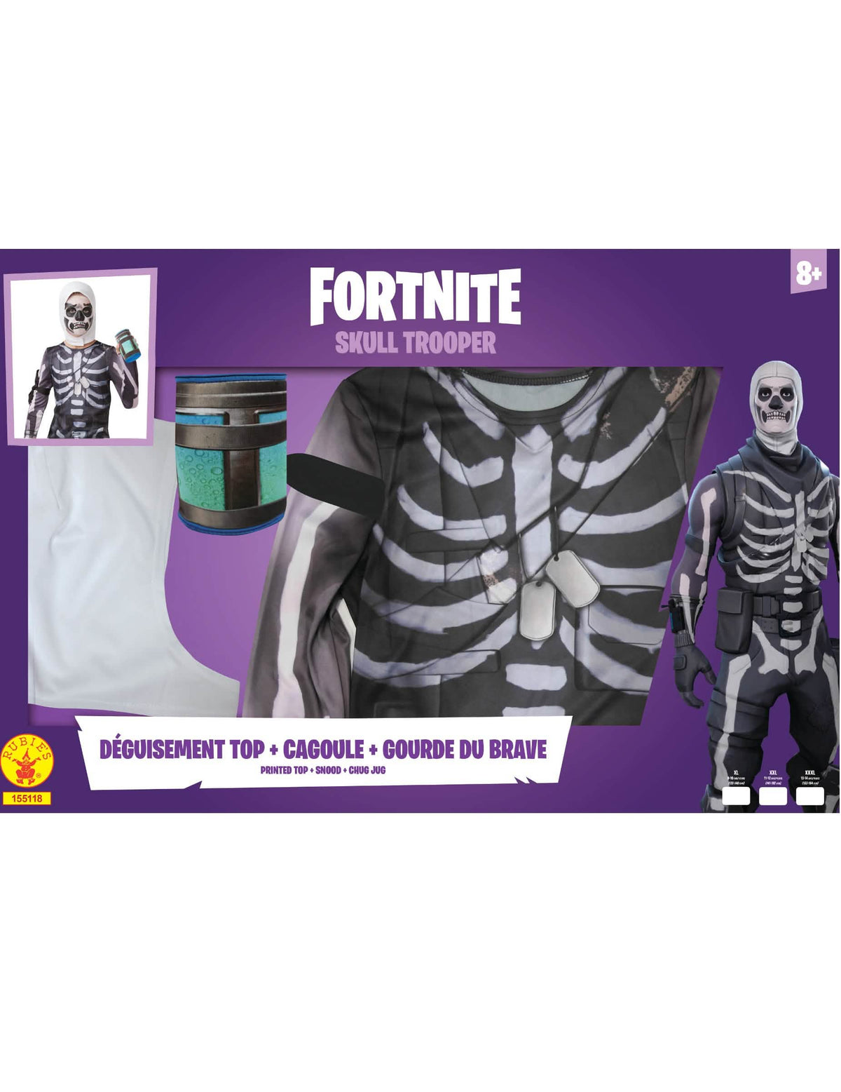 Detaily vrchního dílu kukly a lahve s pitím v balíčku kostýmu Skull Trooper Fortnite