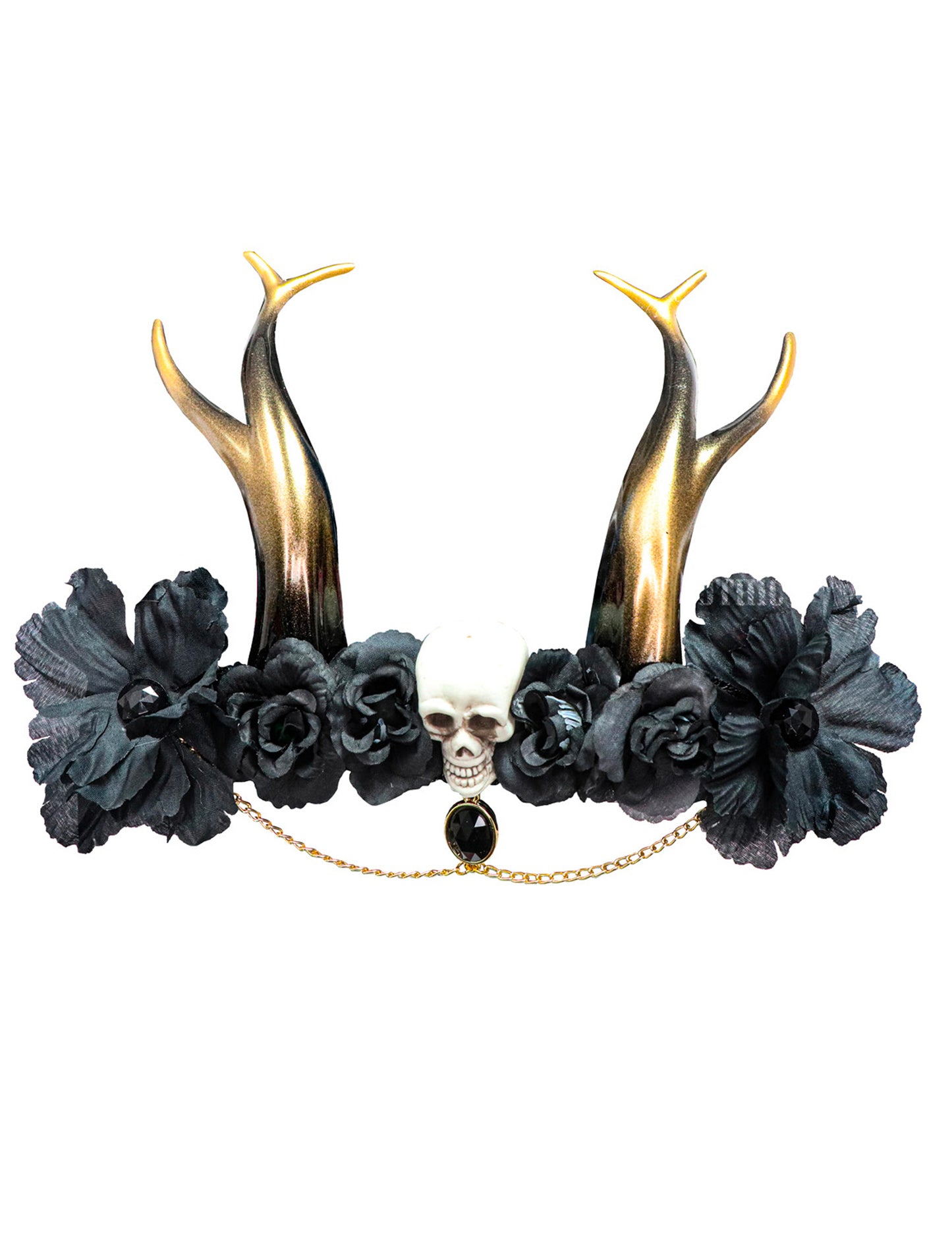 Coiffe gothique avec tête de mort pour femme noire et dorée avec cornes et fleurs