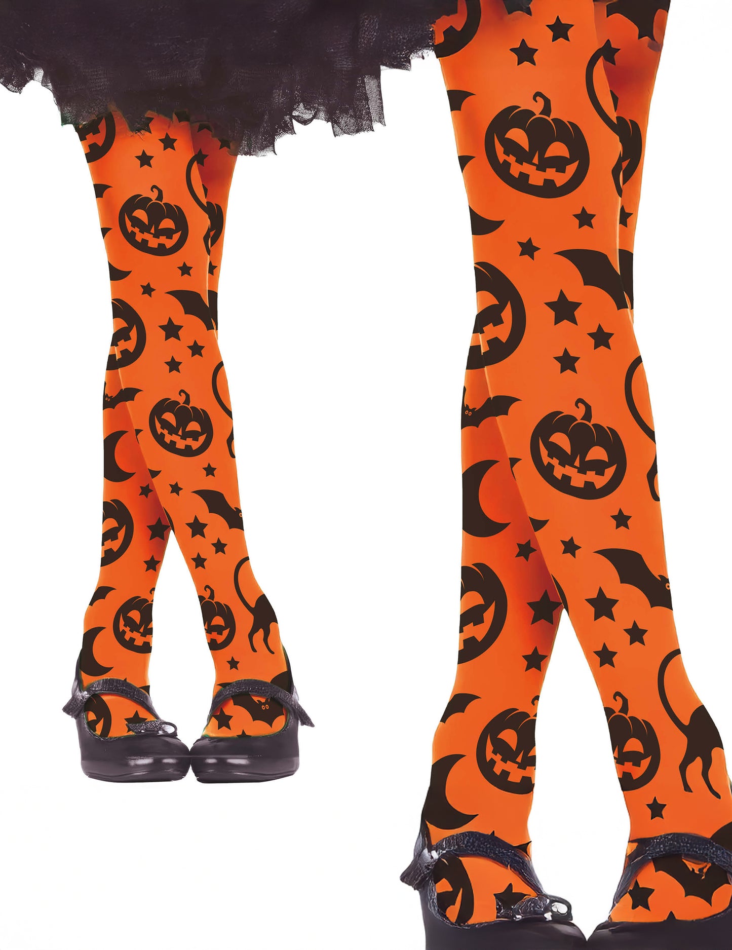 Gros plan sur les motifs des collants citrouilles pour enfant