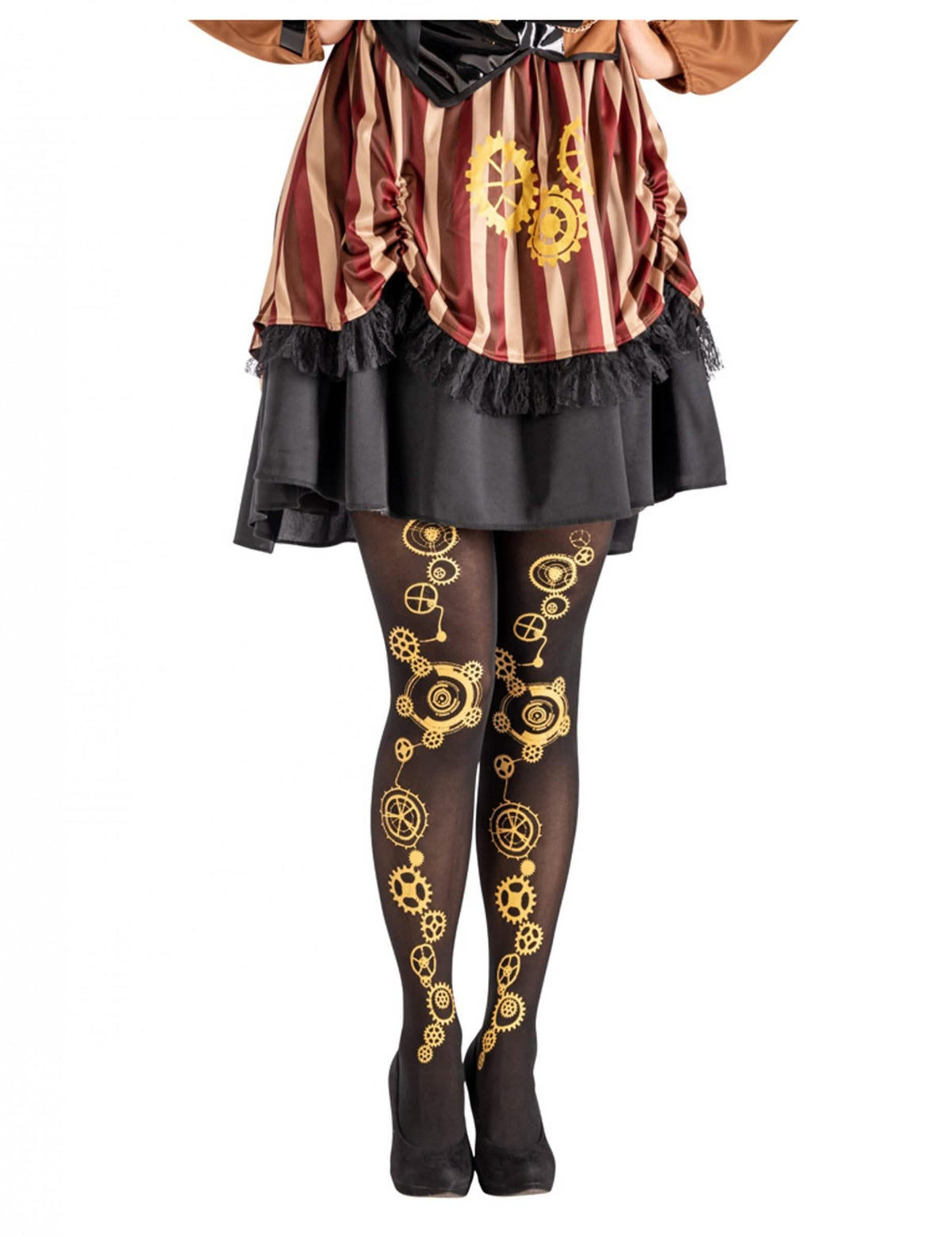 Punčocháče steampunk pro ženu černá s motivy zlatých ozubených kol