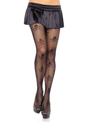Dámské černé síťované punčocháče s pirátskými lebkami