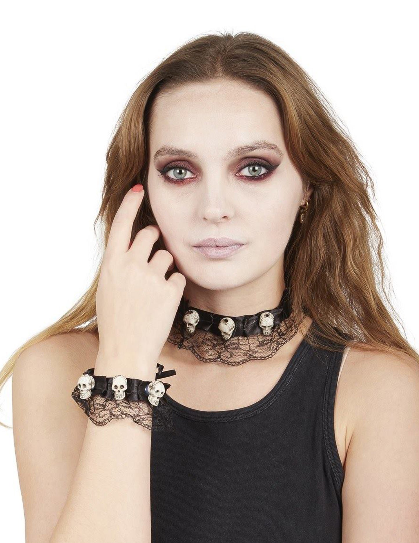 Halloweenský náhrdelník a náramek s lebkou z krajky