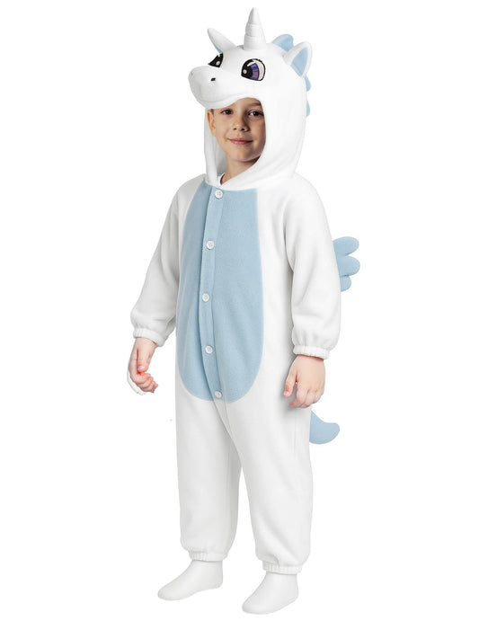 Vue de face de la combinaison licorne pour enfant blanche et bleue