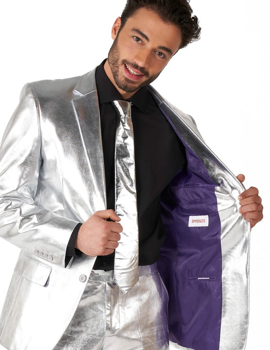 Détail de la doublure intérieure violette du Costume Mr. Shiny Silver pour homme