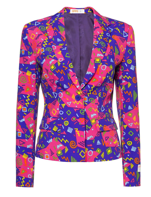 Vue de face de la veste du Costume Mrs. Symbole coloré à motifs géométriques