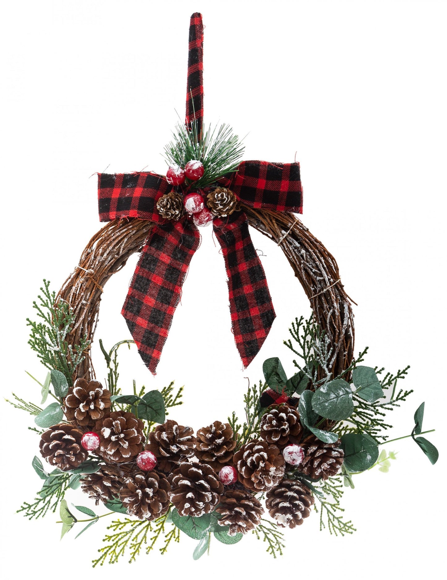 Korunka na zavěšení tartanového uzlu a borových šišek 40 cm, eukalyptus a bobule