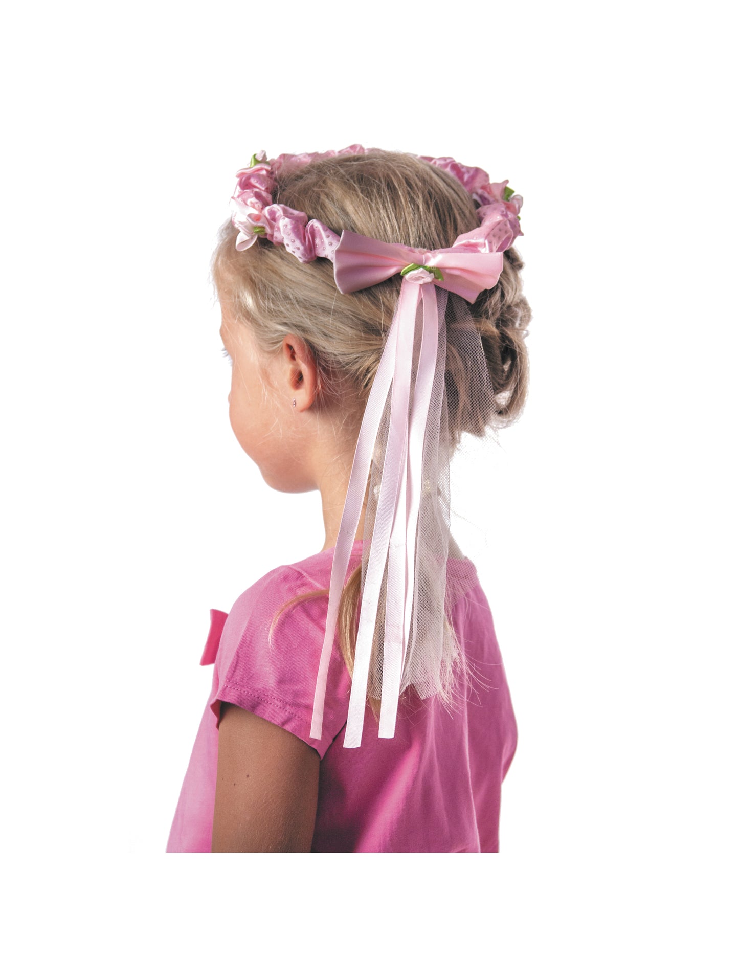Růžová květinová korunka se stuhou pro dívky