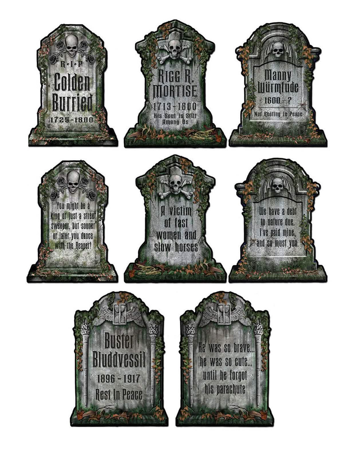 kartonové náhrobní dekorace na halloween v šedé barvě s lebkami a mechem