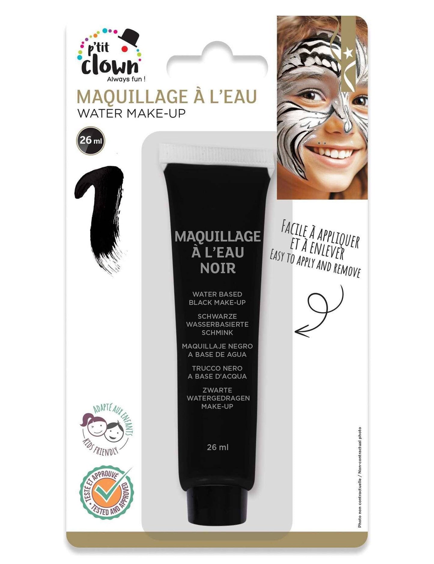 Pohled na balení voděodolného make-upu pro děti a dospělé černé barvy