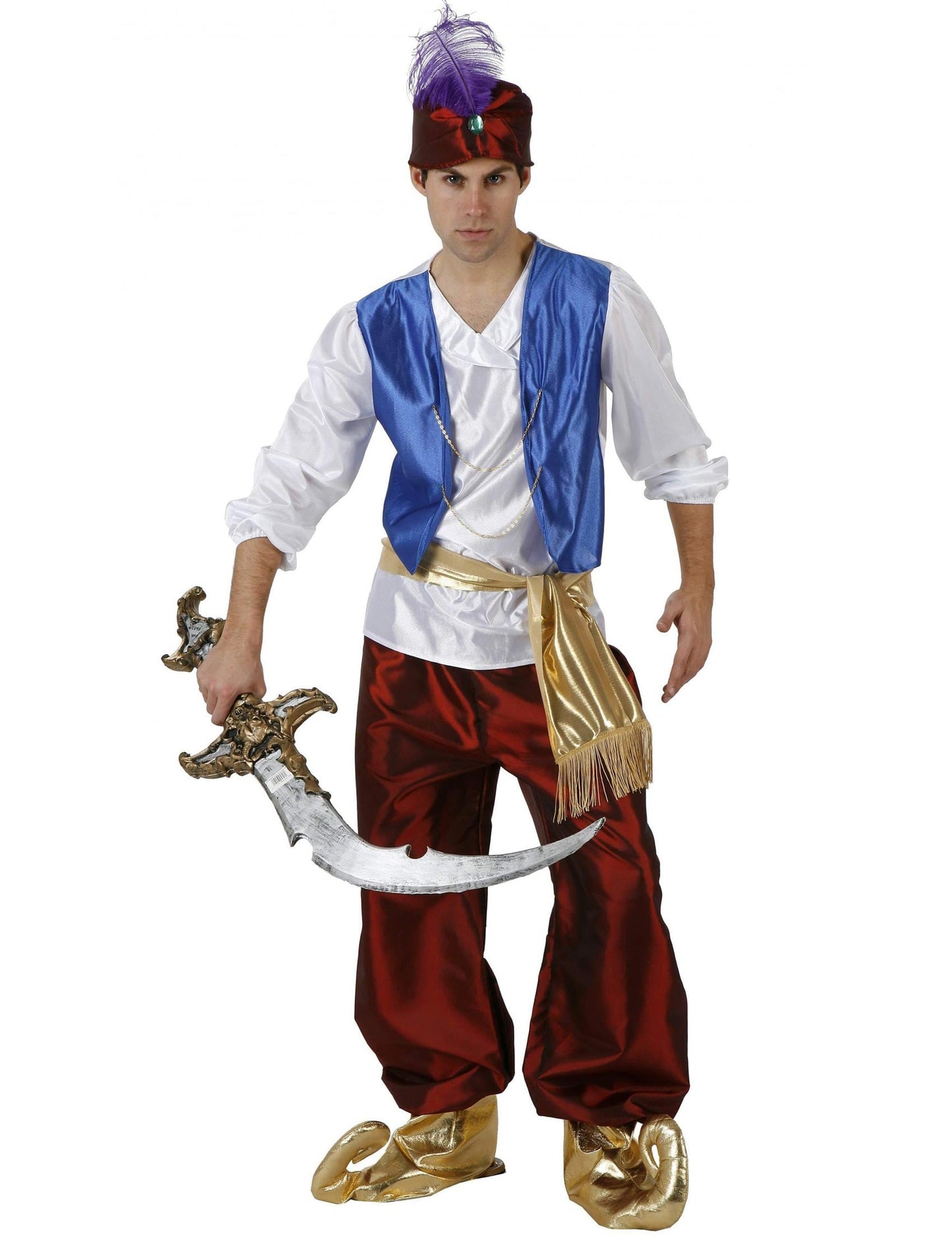 Déguisement prince arabe pour homme bleu et rouge avec turban à plume