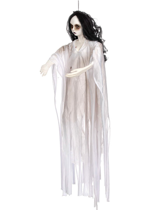 Vue de profil de la décoration à suspendre dame blanche pour Halloween