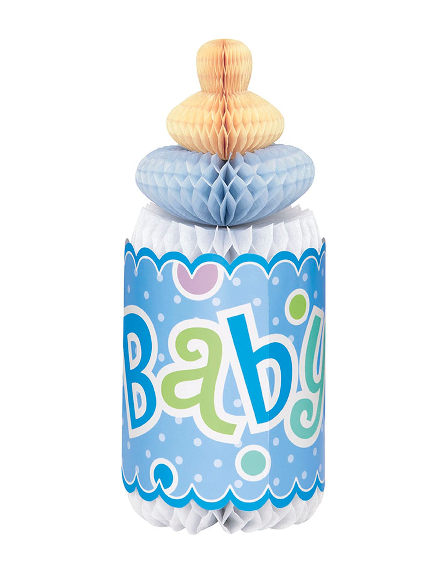 Včelí dekorace na baby shower ve tvaru modré lahvičky, středový prvek na stůl