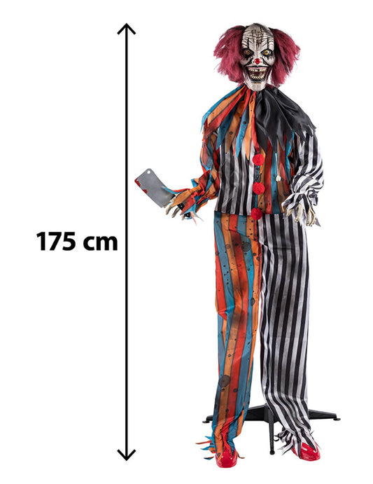 Animovaná dekorace zlověstný klaun řezník s pohybem 175 cm