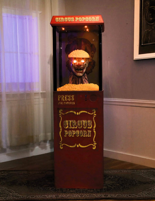 Mise en situation de la décoration animée Distributeur de Pop-Corn Clown Effrayant