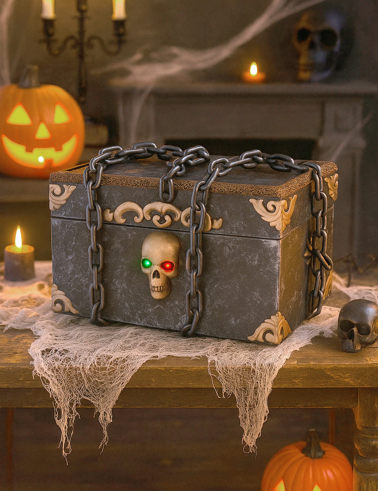 Animovaná zvuková a světelná dekorace Pirátská truhla Horor