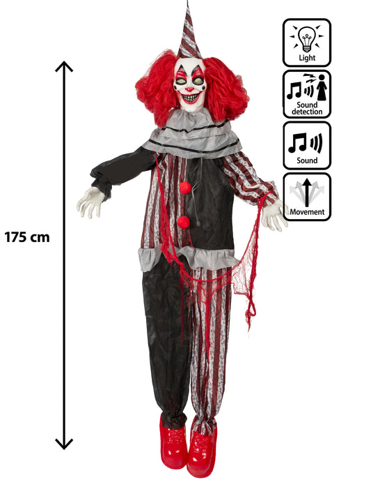 Závěsná animovaná dekorace zlý klaun se smíchem a pohyby 175 cm