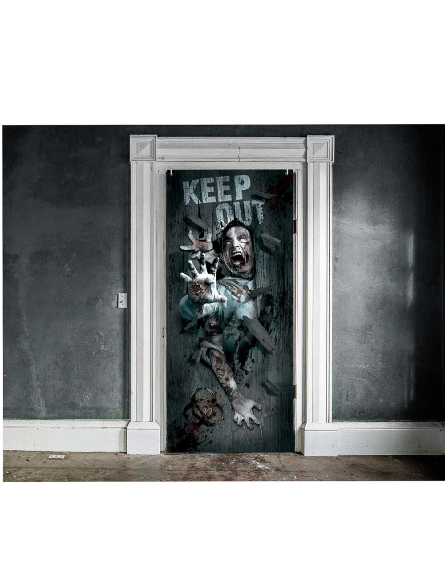 Décoration de porte Halloween zombie grise avec message Keep Out et mains ensanglantées