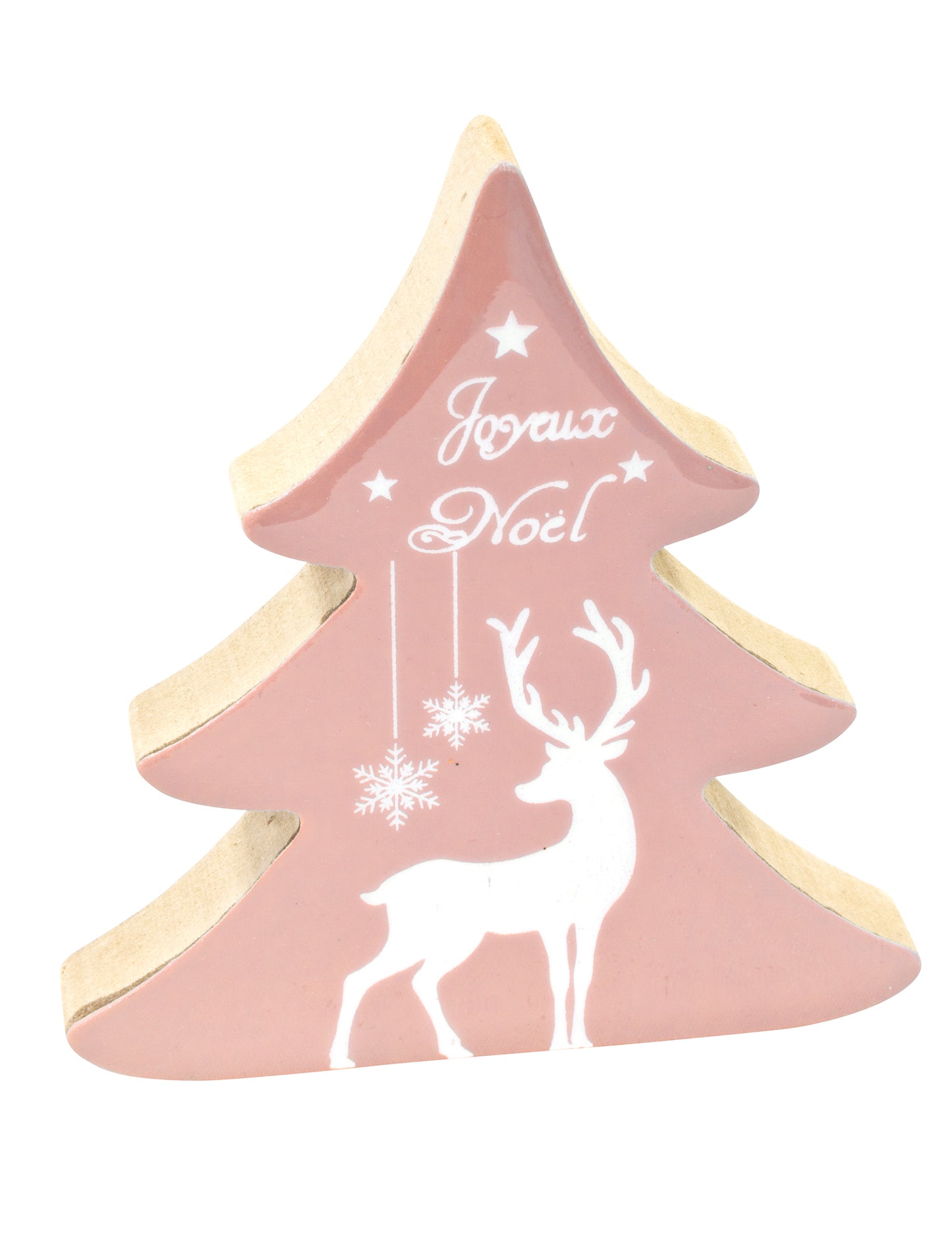 Dřevěná dekorace jedle a sob růžový smaltovaný vzhled 10 x 11 cm