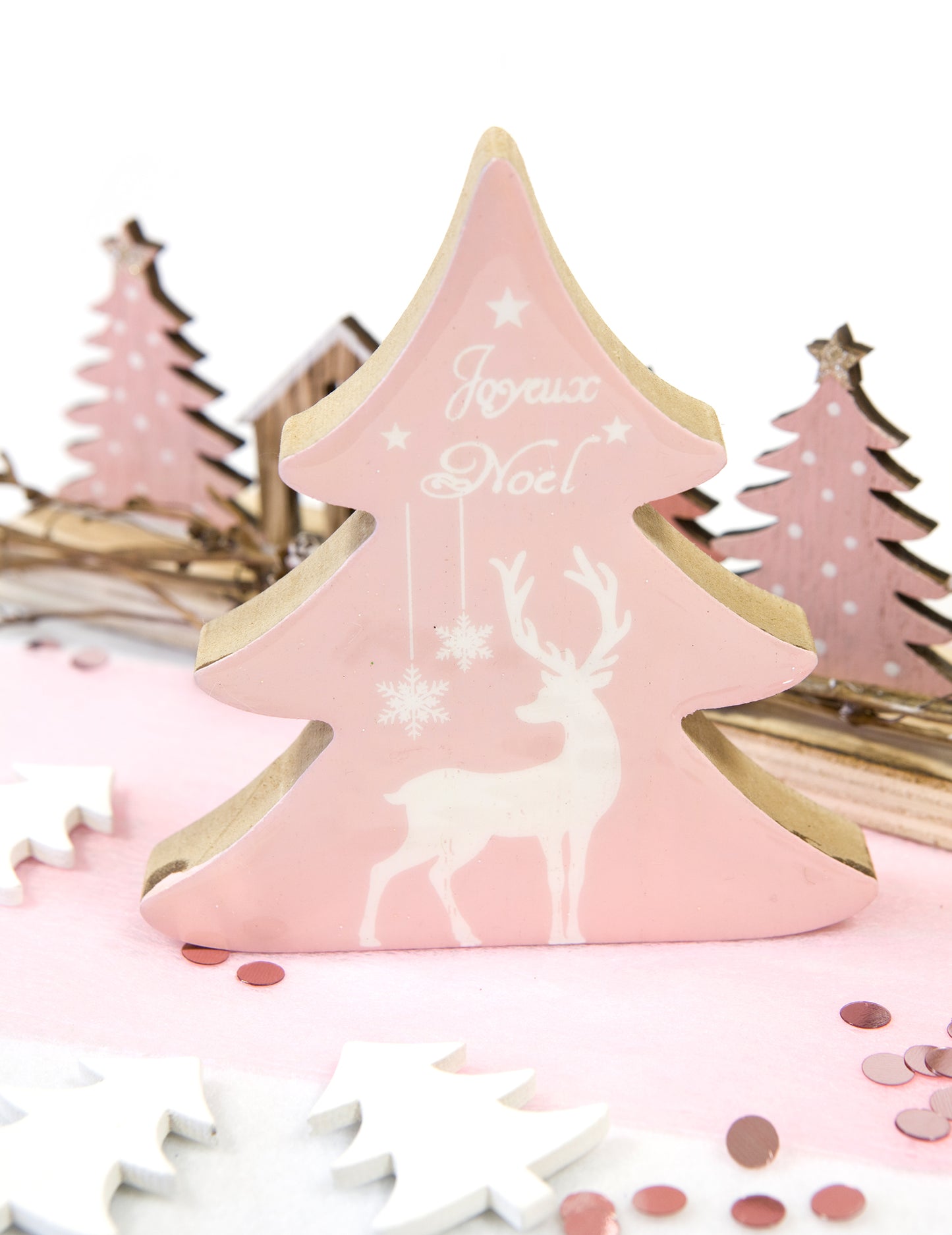 Dřevěná dekorace jedle a sob růžový smaltovaný vzhled 10 x 11 cm