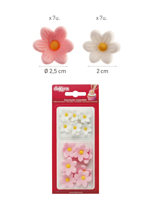 Détail du contenu et des dimensions des décorations en sucre marguerites pour gâteau