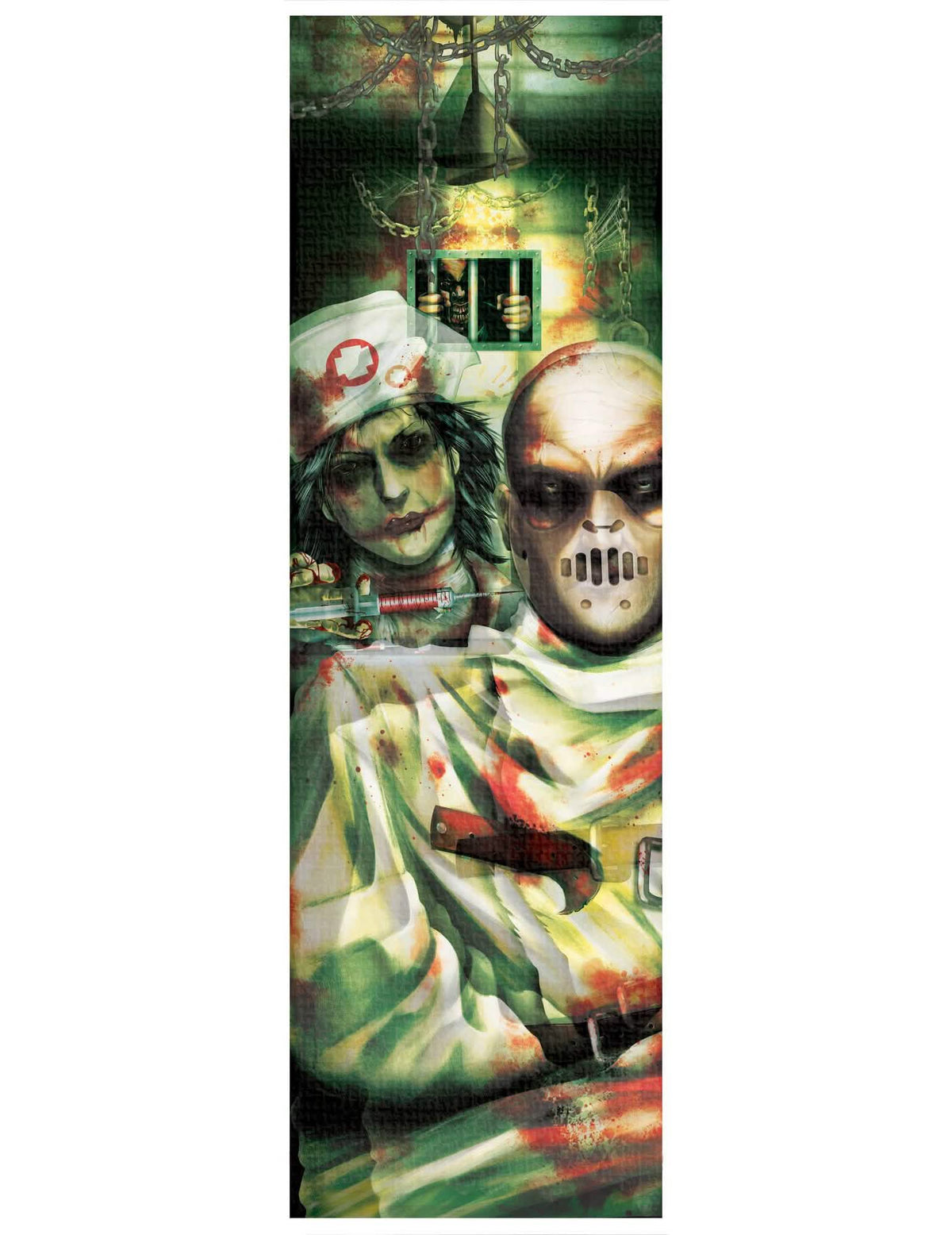 Detail o sestře a maskovaném pacientovi z nástěnné dekorace zdravotní sestry zombie