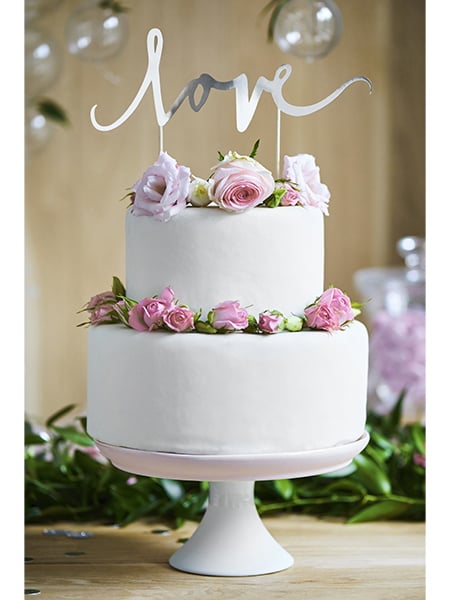 Dekorace na dort - třpytivý stříbrný zápich s nápisem love