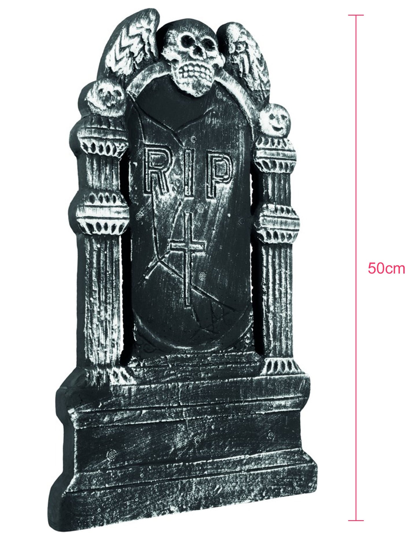 Boční pohled na hrobovou dekoraci kostlivce na Halloween