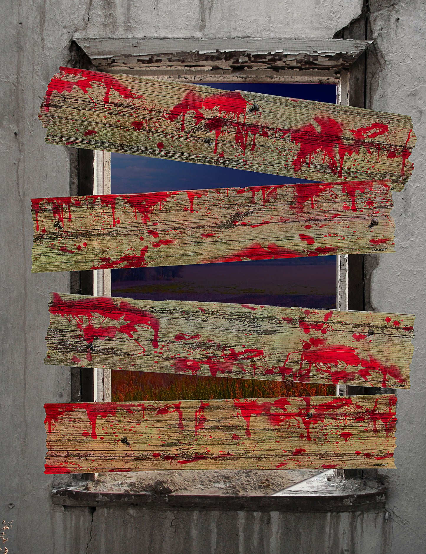 Mise en situation sur une fenêtre des décorations barricades de zombie