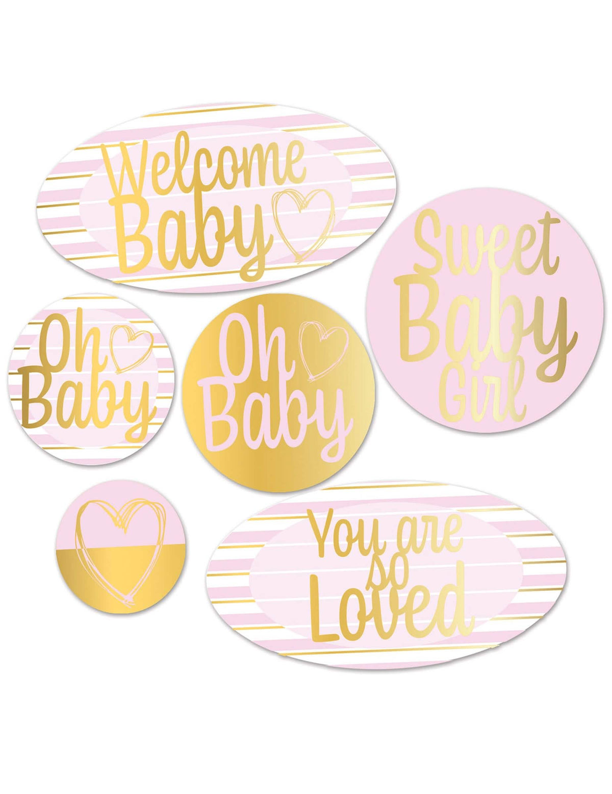 6 dekorací z kartonu Welcome Baby pro baby shower růžová a zlatá