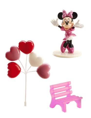 Sada dekorací na dort Minnie s figurkou růžová lavice a balónky srdce