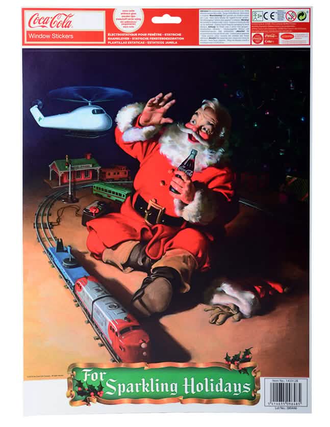 Detail vizuálu santa claus v elektrickém vláčku s dekoracemi na okna Coca-Cola™ a santa claus
