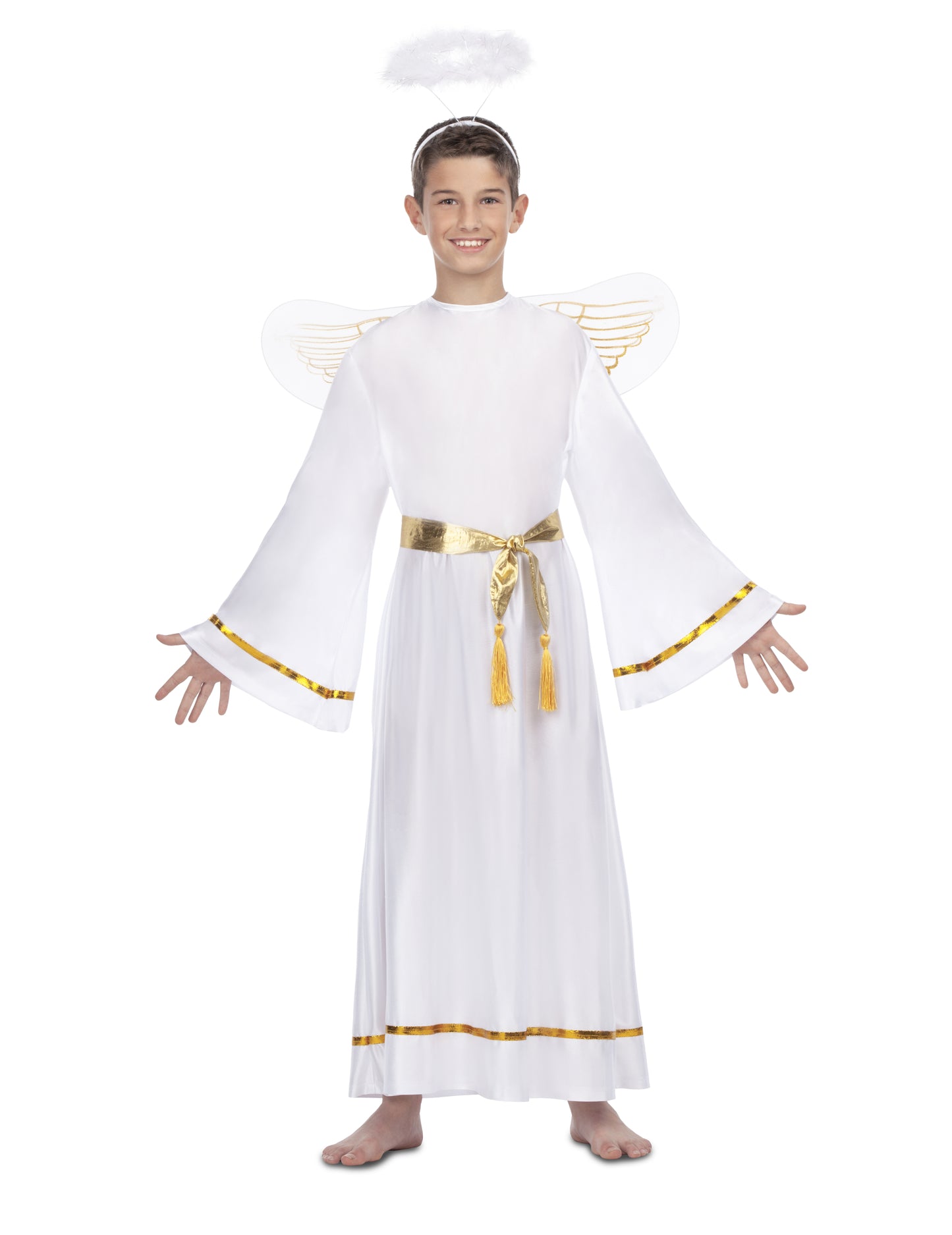 Dětský kostým bílého anděla se zlatým páskem