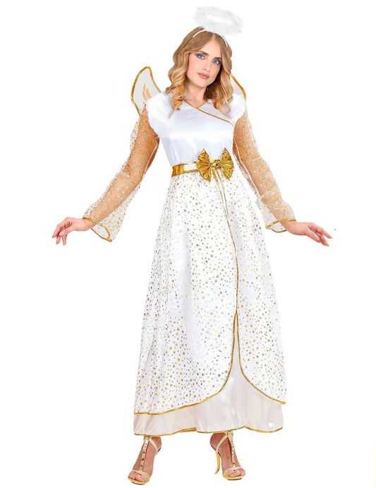 Vue de face du déguisement d'ange pour femme blanc et or