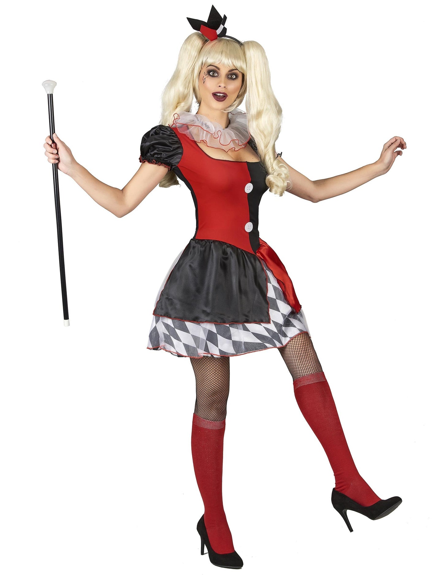 Dámský kostým harlekýnky v červené a černé barvě