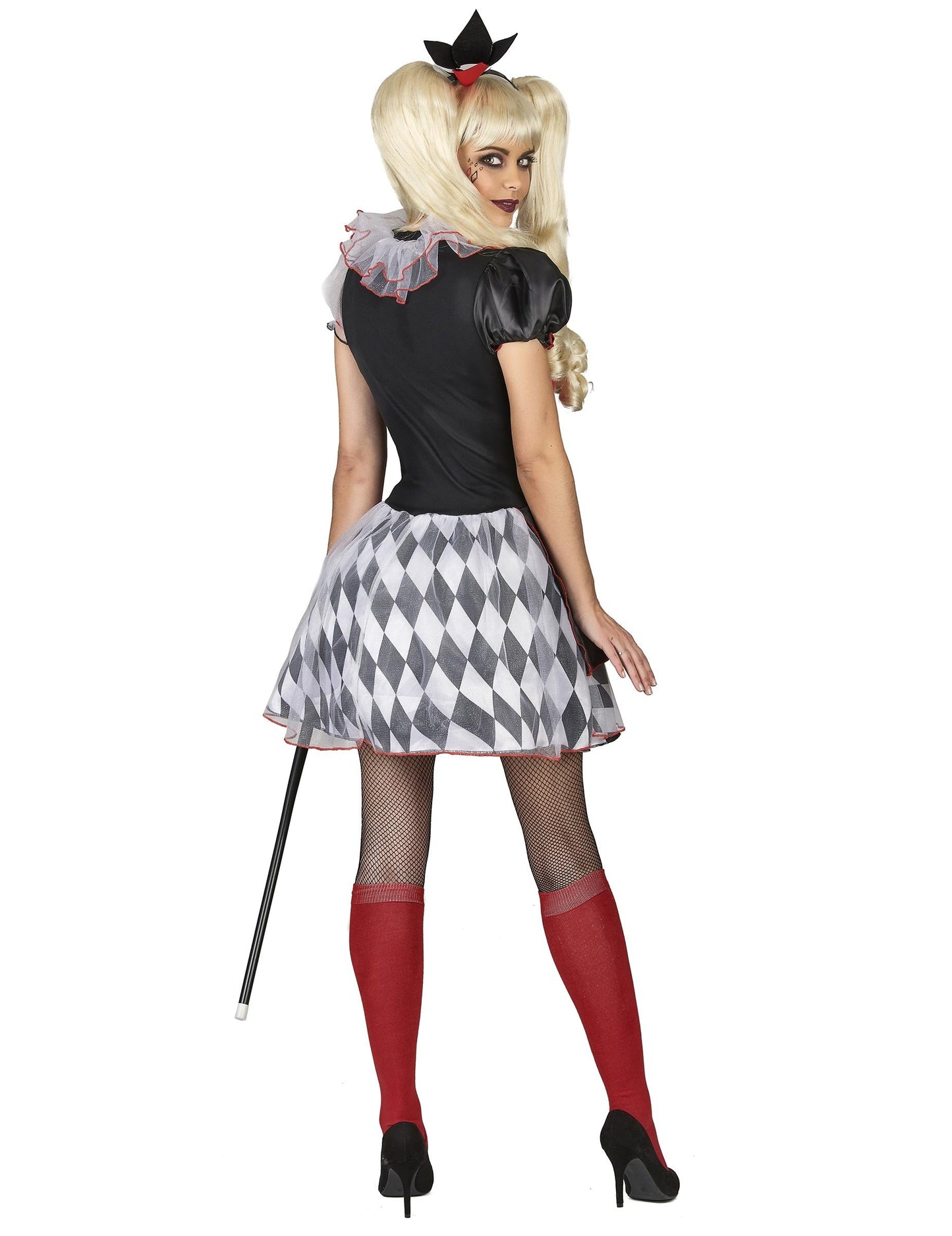 Dámský kostým harlekýnky v červené a černé barvě