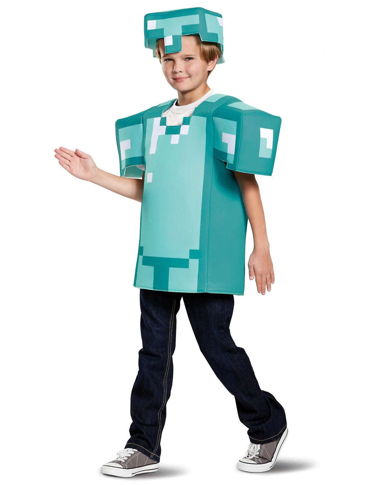 Pohled z profilu na dětský kostým brnění Minecraft