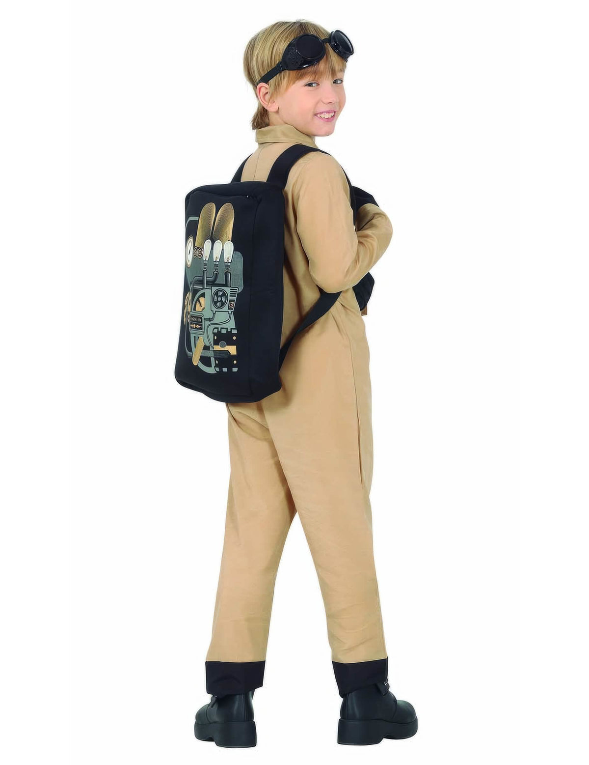 Pohled zezadu ze tří čtvrtin na kostým lovce duchů se sáčkem